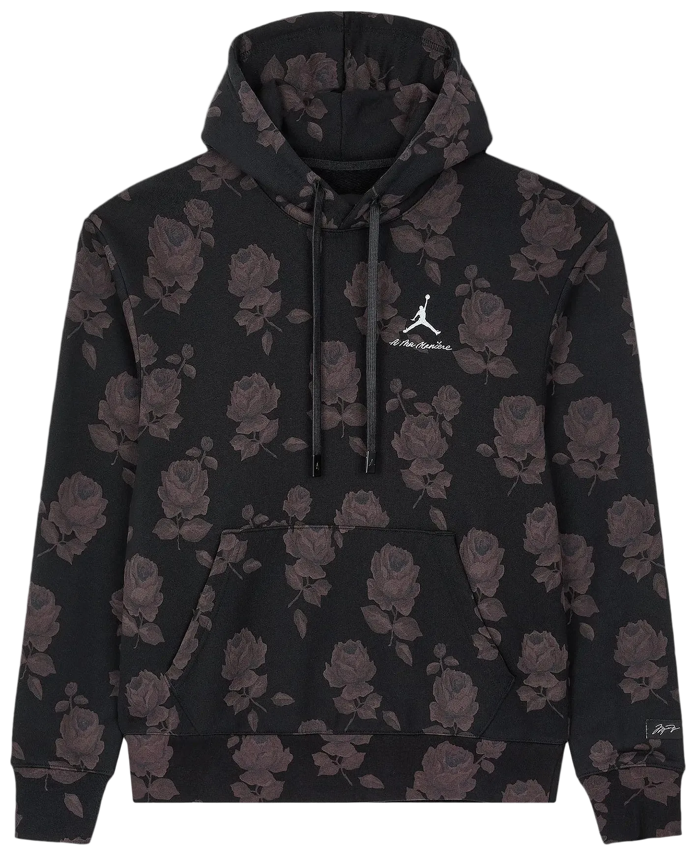 Black hoodie with floral pattern and Jordan logo on a white background