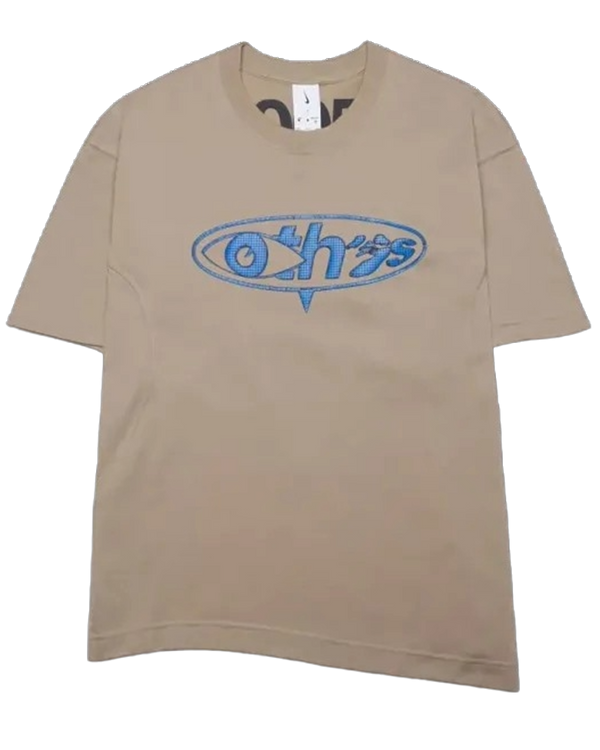 Beige t-shirt with blue logo on a white background
