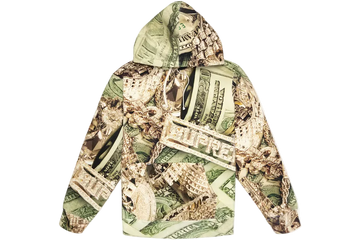 Hoodie with dollar bill design on a white background
