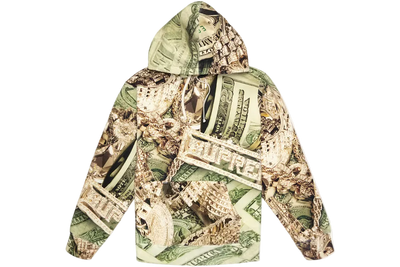 Hoodie with dollar bill design on a white background