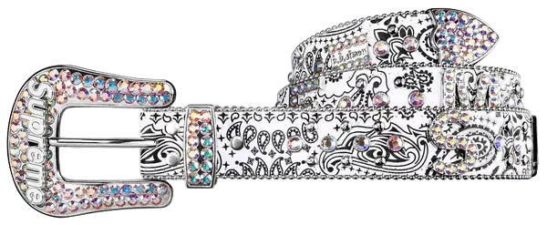 Decorative belt with colorful rhinestone buckle on a white background