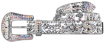Decorative belt with colorful rhinestone buckle on a white background