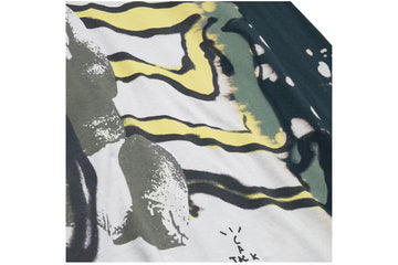 Abstract art piece with wavy lines in black, yellow, and green on a white background.