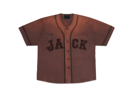 Brown baseball jersey with 'JACK' printed on it against a white background