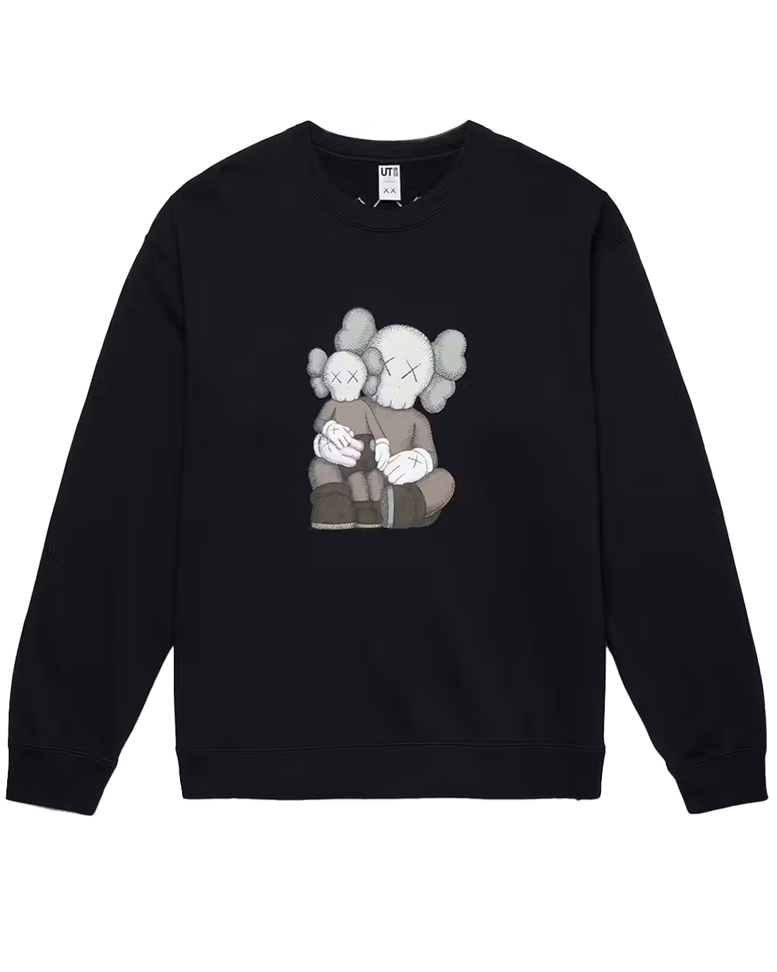 Black sweatshirt with a graphic of two cartoon characters hugging on a white background