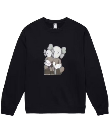 Black sweatshirt with a graphic of two cartoon characters hugging on a white background