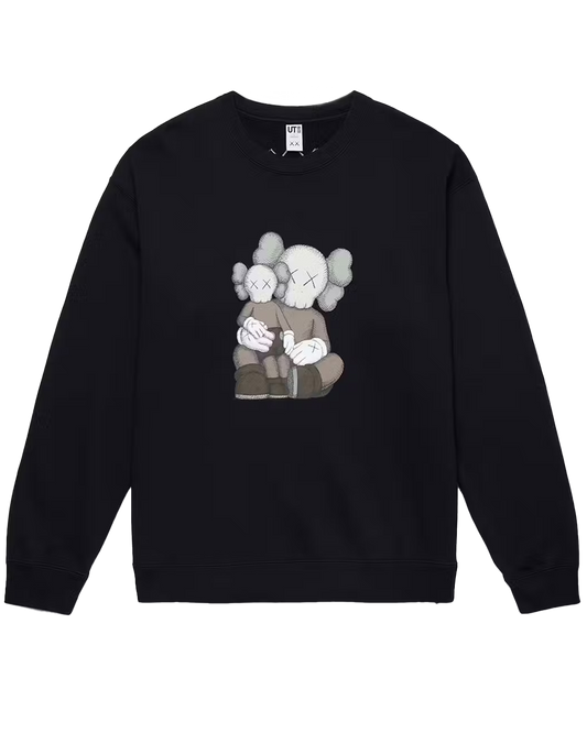 Black sweatshirt with a graphic of two cartoon characters hugging on a white background