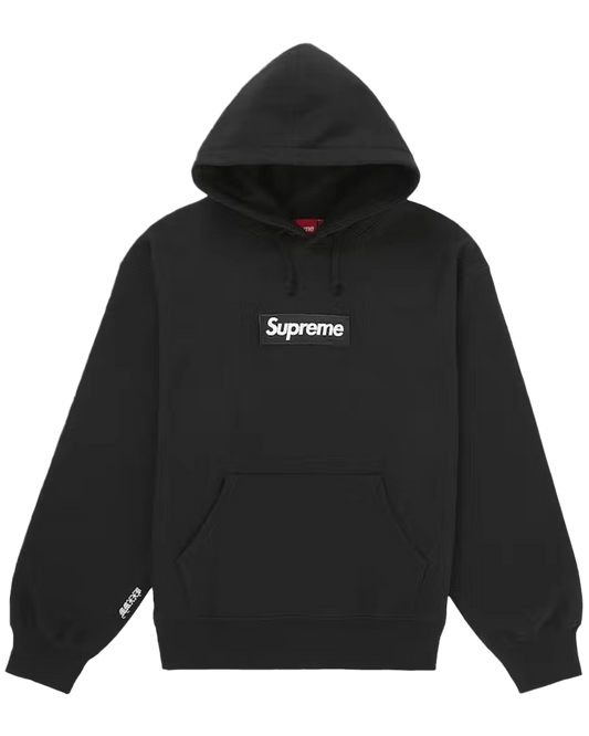 Black hoodie with Supreme logo on a transparent background