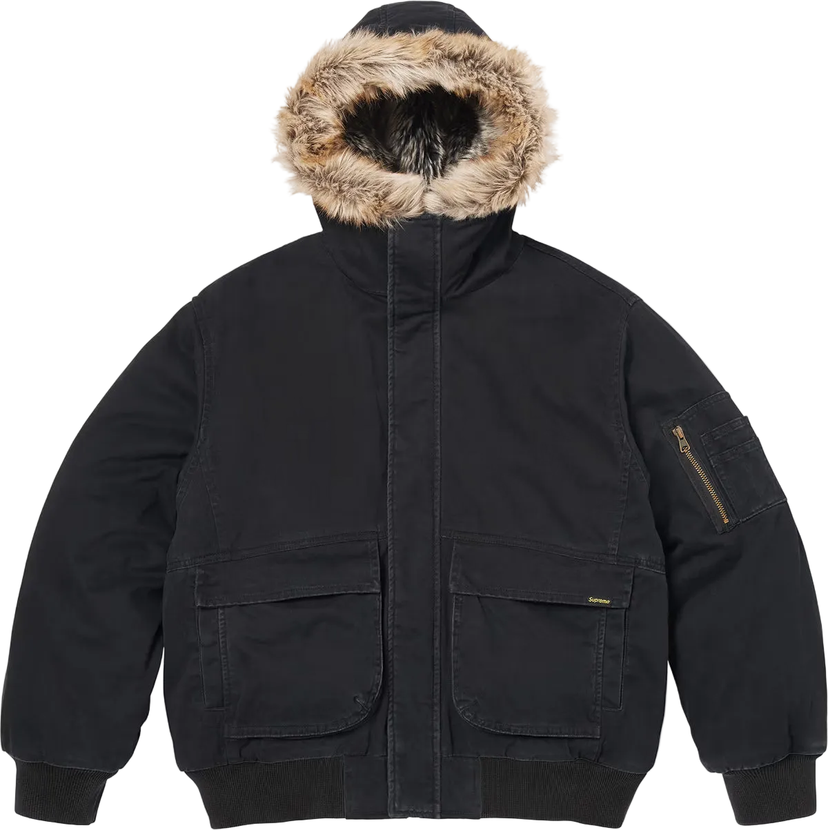 Black winter jacket with fur-lined hood on a white background