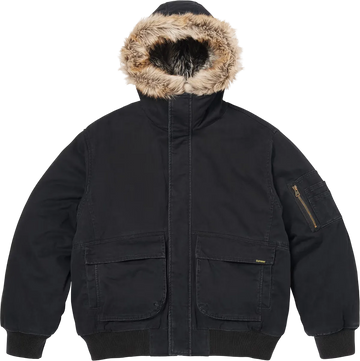 Black winter jacket with fur-lined hood on a white background